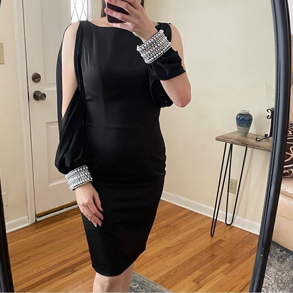 Mac Duggal Black Cocktail Dress with Pearl-Embellished Cuffs
